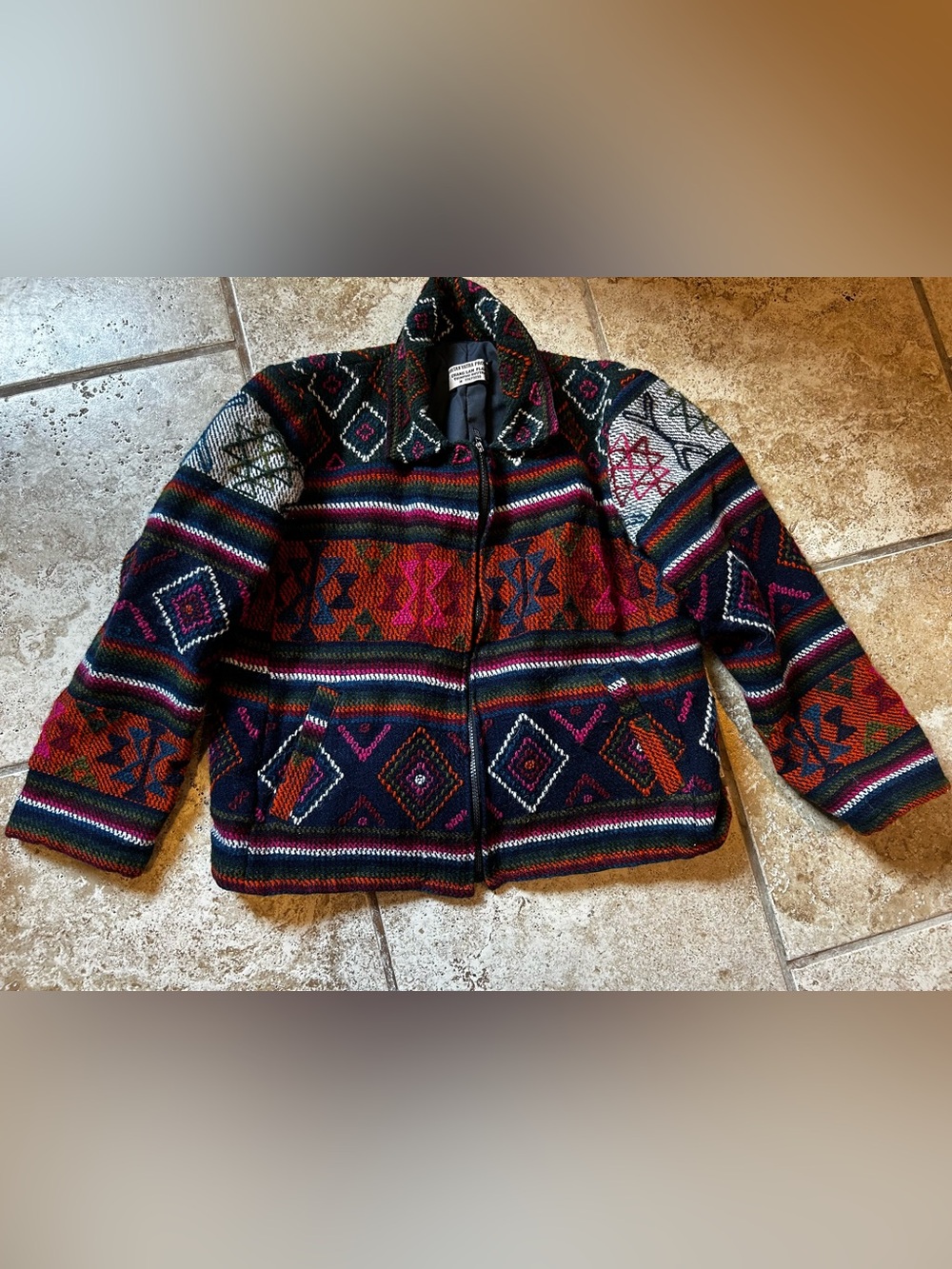 Vintage Woman’s Bhutan Wool Geometric Pattern Cropped Jacket Medium
